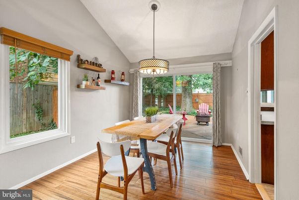 Dining room, Interior, Pendant Lights, Wood Texture Flooring