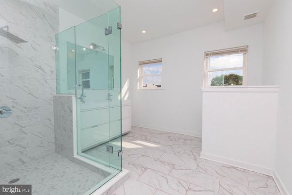 Bathroom, Glass Shower, Interior, Marble, Marble Walls, Recessed Lighting