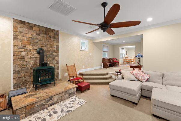 Fireplace, Interior, Living room, Recessed Lighting, Stone Walls