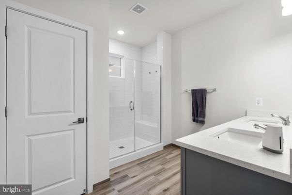 Bathroom, Glass Shower, Interior, Recessed Lighting, Wood Texture Flooring