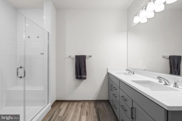 Bathroom, Dual Sink Vanities, Glass Shower, Interior, Wood Texture Flooring