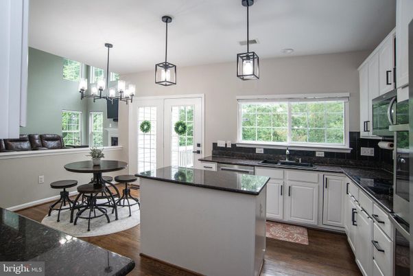 Chandelier, Interior, Kitchen, Pendant Lights, Recessed Lighting, Wood Texture Flooring