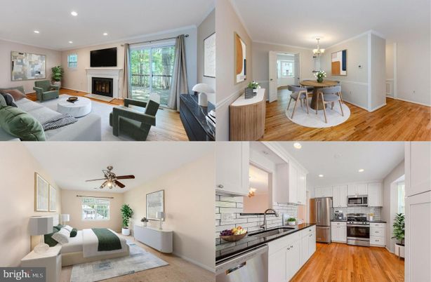 Dining room, Fireplace, Interior, Kitchen, Living room, Recessed Lighting, Stainless Steel Appliances, Wood Texture Flooring
