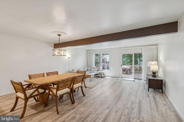 Dining room, Interior, Living room, Pendant Lights, Wooden Beams, Wood Texture Flooring