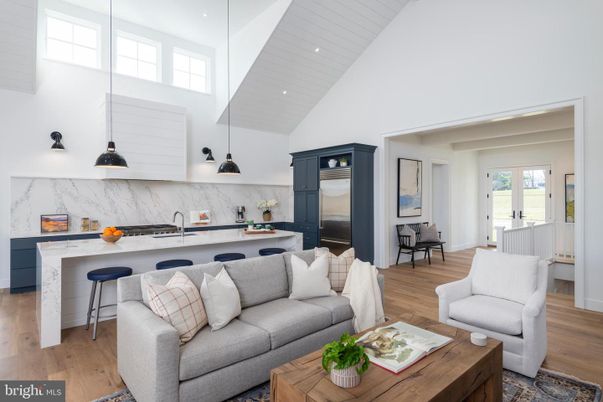 Interior, Kitchen, Living room, Marble Walls, Pendant Lights, Recessed Lighting, Stainless Steel Appliances, Wood Texture Flooring
