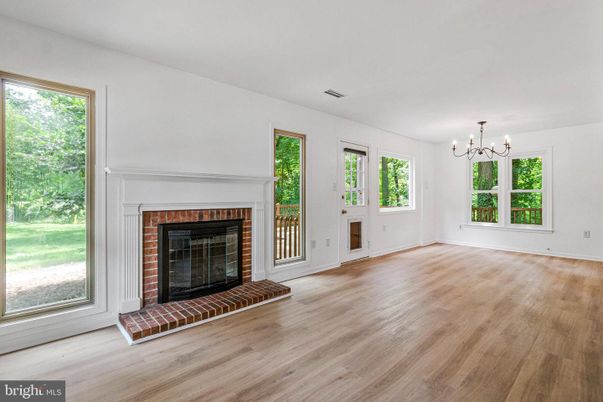 Chandelier, Empty room, Fireplace, Interior, Wood Texture Flooring