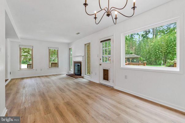 Chandelier, Empty room, Fireplace, Interior, Wood Texture Flooring