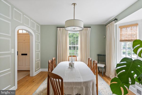 Dining room, Interior, Pendant Lights, Wood Texture Flooring