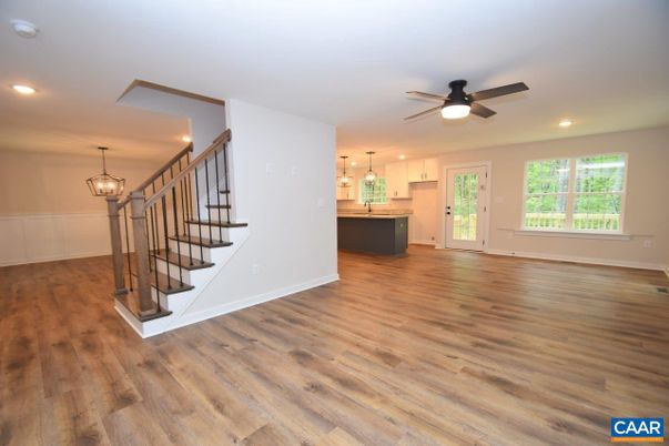 Empty room, Interior, Kitchen, Pendant Lights, Recessed Lighting, Wood Texture Flooring