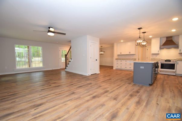 Empty room, Interior, Kitchen, Pendant Lights, Recessed Lighting, Wood Texture Flooring