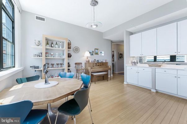 Dining room, Interior, Kitchen, Pendant Lights, Piano, Wood Texture Flooring