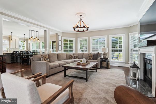Chandelier, Dining room, Fireplace, Interior, Living room, Pendant Lights, Wood Texture Flooring