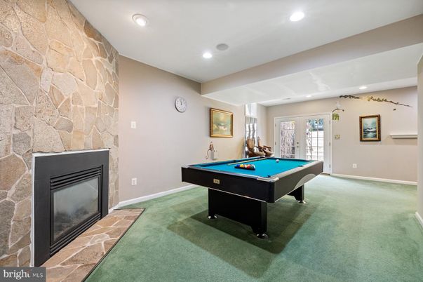 Billiard Table, Fireplace, Game Room, Interior, Recessed Lighting, Stone Walls