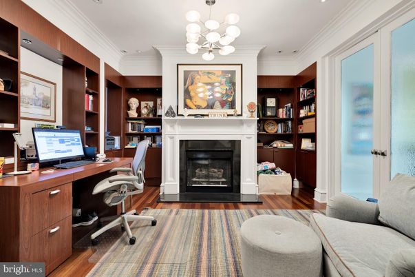Fireplace, Home Office, Interior, Pendant Lights, Recessed Lighting, Wood Texture Flooring