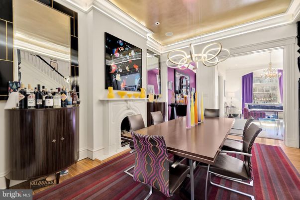 Chandelier, Dining room, Fireplace, Interior, Pendant Lights, Recessed Lighting, Wood Texture Flooring