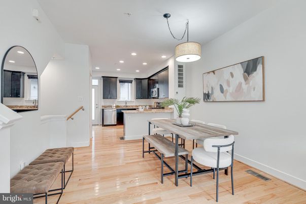 Dining room, Interior, Kitchen, Pendant Lights, Recessed Lighting, Wood Texture Flooring
