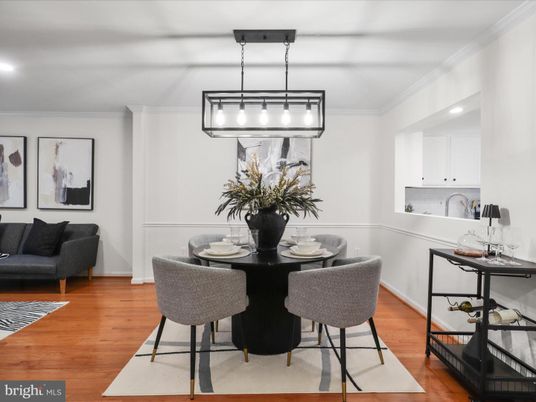 Dining room, Interior, Pendant Lights, Recessed Lighting, Wood Texture Flooring