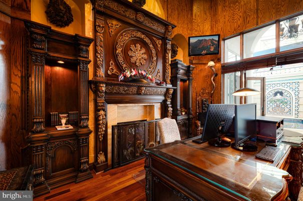 Fireplace, Home Office, Interior, Wood Texture Flooring, Wooden Walls