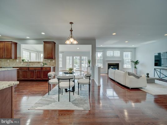 Dining room, Fireplace, Interior, Kitchen, Living room, Pendant Lights, Recessed Lighting, Wood Texture Flooring