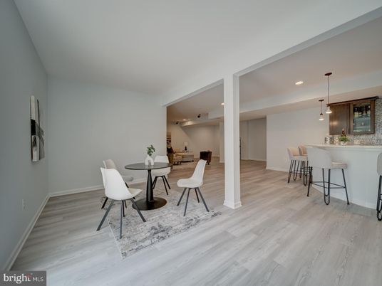 Dining room, Interior, Pendant Lights, Recessed Lighting, Wood Texture Flooring
