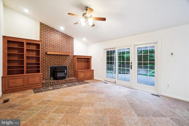 Empty room, Fireplace, Interior, Recessed Lighting, Stone Walls