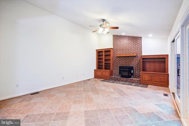 Empty room, Fireplace, Interior, Recessed Lighting, Stone Walls