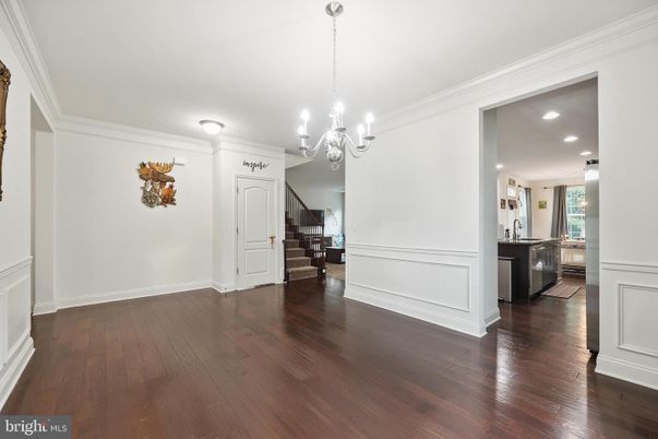 Chandelier, Empty room, Interior, Kitchen, Recessed Lighting, Wood Texture Flooring