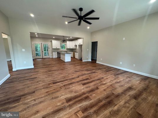 Empty room, Interior, Kitchen, Pendant Lights, Recessed Lighting, Wood Texture Flooring