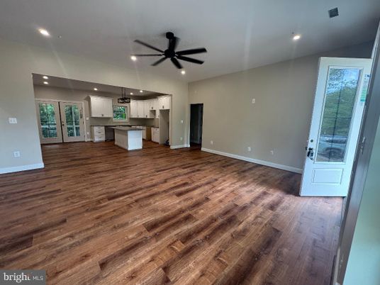 Empty room, Interior, Kitchen, Pendant Lights, Recessed Lighting, Wood Texture Flooring