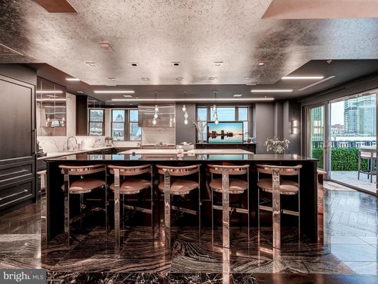 Interior, Kitchen, Marble Walls, Pendant Lights, Recessed Lighting, Wood Texture Flooring
