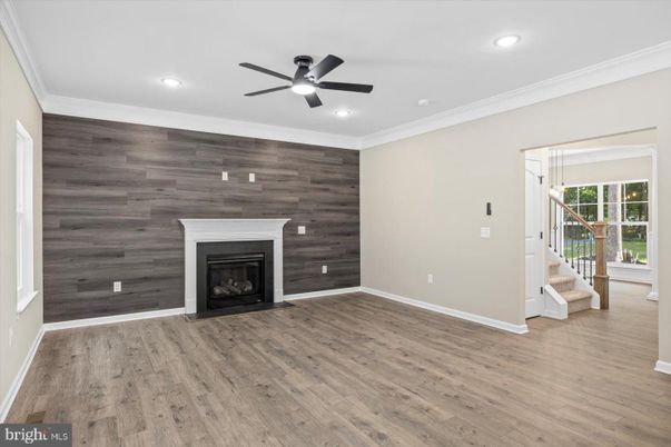 Empty room, Fireplace, Interior, Recessed Lighting, Wood Texture Flooring, Wooden Walls