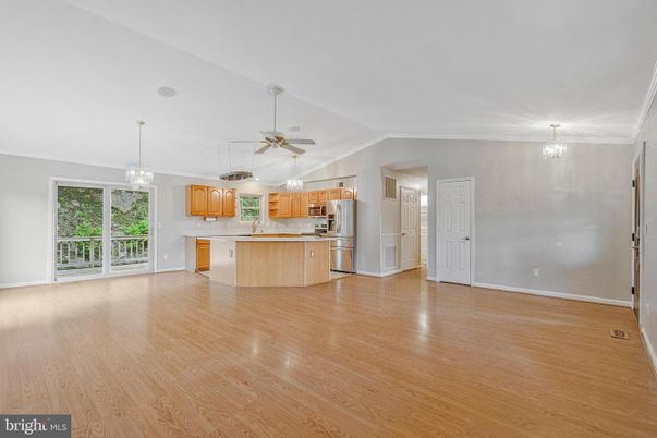 Chandelier, Empty room, Interior, Kitchen, Pendant Lights, Wood Texture Flooring