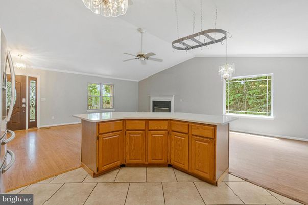 Chandelier, Fireplace, Interior, Kitchen, Pendant Lights, Wood Texture Flooring