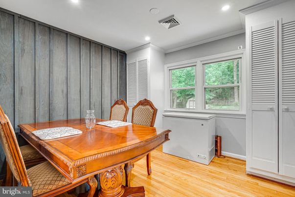 Dining room, Interior, Recessed Lighting, Wood Texture Flooring