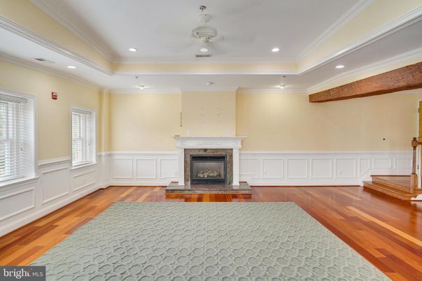 Fireplace, Interior, Recessed Lighting, Wooden Beams, Wood Texture Flooring