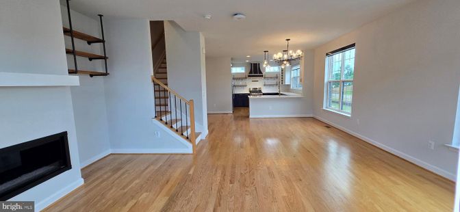 Chandelier, Empty room, Interior, Kitchen, Pendant Lights, Wood Texture Flooring