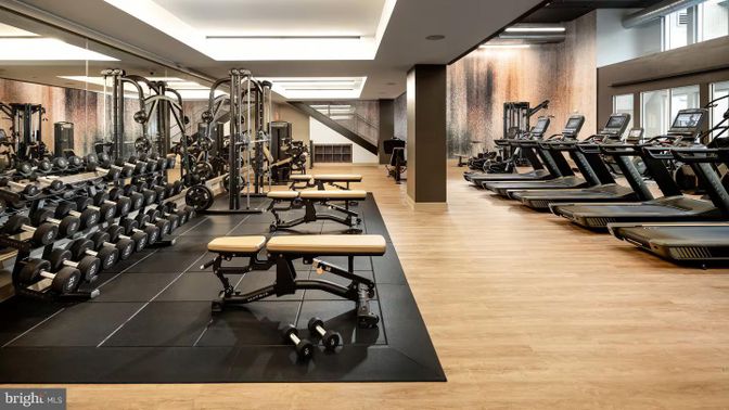 Fitness Equipment, Gym, Interior, Recessed Lighting, Wood Texture Flooring