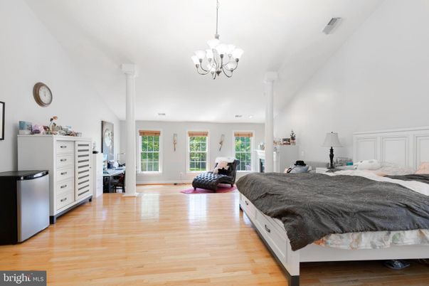 Bedroom, Chandelier, Interior, Recessed Lighting, Wood Texture Flooring