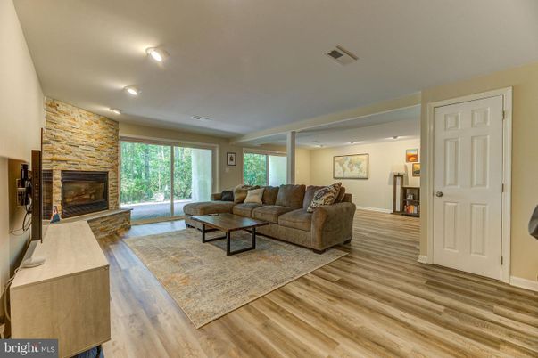 Fireplace, Interior, Living room, Recessed Lighting, Wood Texture Flooring