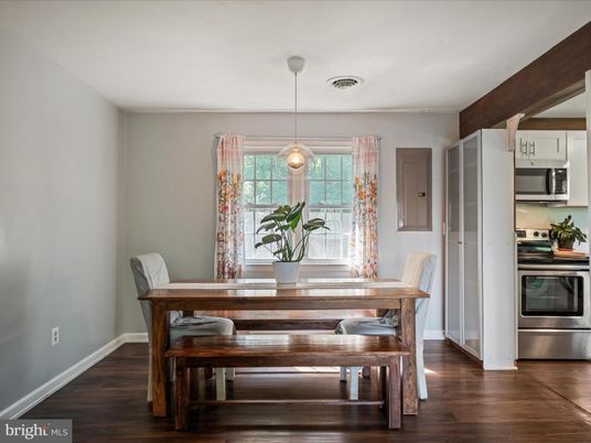Dining room, Interior, Kitchen, Pendant Lights, Stainless Steel Appliances, Wood Texture Flooring