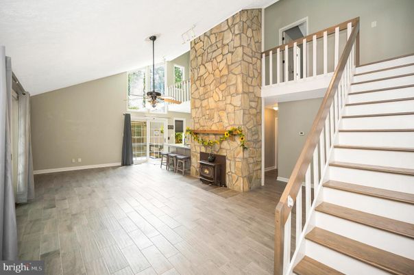 Fireplace, Interior, Pendant Lights, Wood Texture Flooring