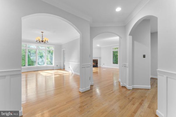 Chandelier, Empty room, Fireplace, Interior, Recessed Lighting, Wood Texture Flooring