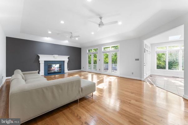 Empty room, Fireplace, Interior, Living room, Recessed Lighting, Wood Texture Flooring