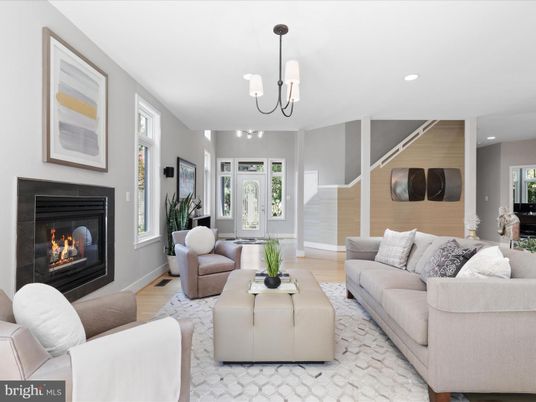 Fireplace, Interior, Living room, Pendant Lights, Recessed Lighting, Wood Texture Flooring