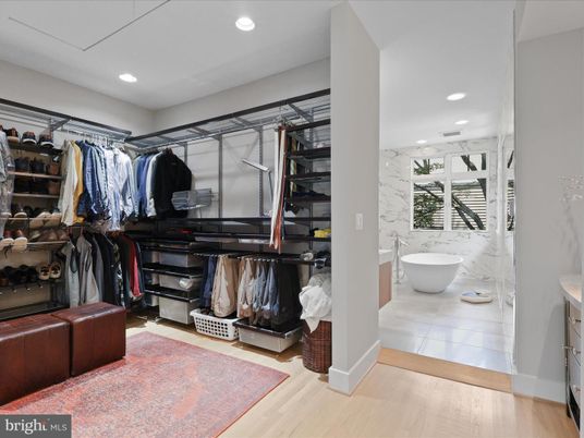 Bathroom, Free Standing Baths, Interior, Recessed Lighting, Walk-in Closets, Wood Texture Flooring