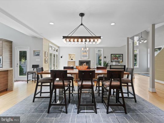 Dining room, Fireplace, Interior, Pendant Lights, Recessed Lighting, Wood Texture Flooring