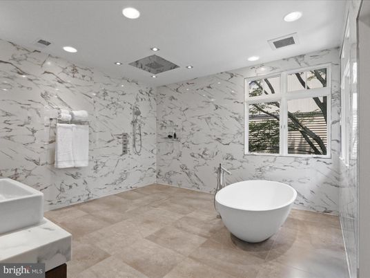 Bathroom, Free Standing Baths, Interior, Marble Walls, Recessed Lighting