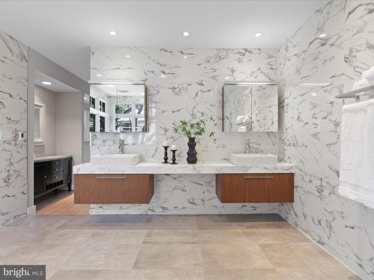 Bathroom, Dual Sink Vanities, Interior, Marble Walls, Recessed Lighting