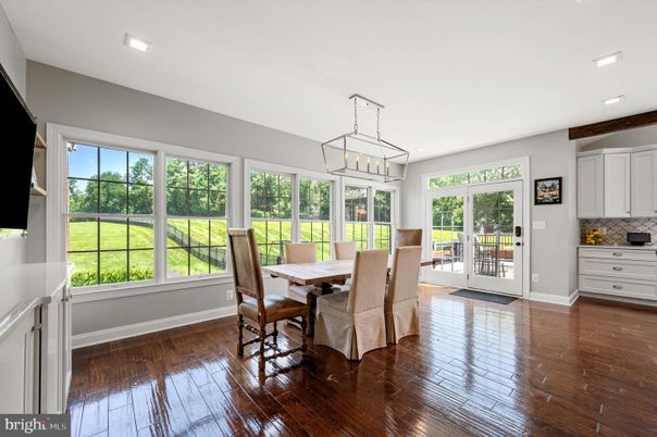 Dining room, Interior, Pendant Lights, Recessed Lighting, Wood Texture Flooring