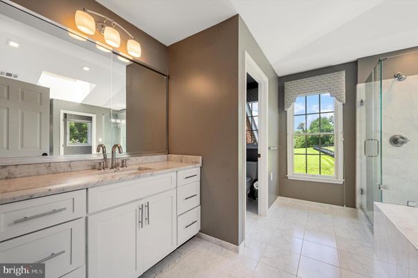 Bathroom, Dual Sink Vanities, Glass Shower, Interior, Marble, Recessed Lighting